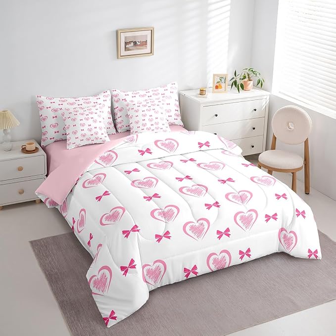 Erosebridal 7 Piece Heart Pattern Queen Bedding Set,Kawaii Pink Bowknot Kids Comforter Set for Girls Boys,Valentine Bow Love Heart Shaped Sheet Set,Dreamy Princess Style Reversible Bed in a Bag - Image 3