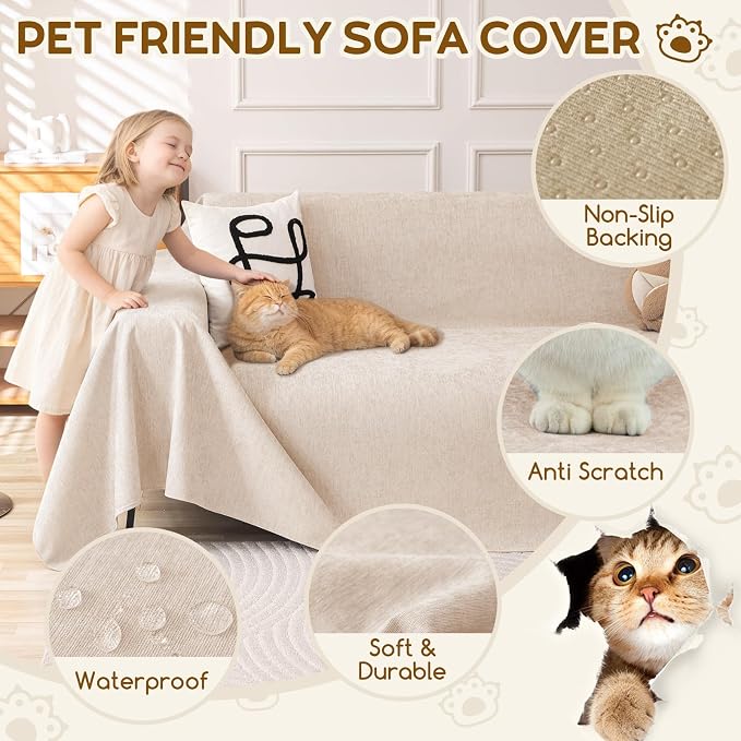 OstepDecor Waterproof Couch Covers for Pets, Couch Protector from Cat Claws | Washable Sofa Cover for Dogs, Non Slip Furniture Protector for Sofas, Loveseats & Sectionals, 71"x118", Khaki - Image 3
