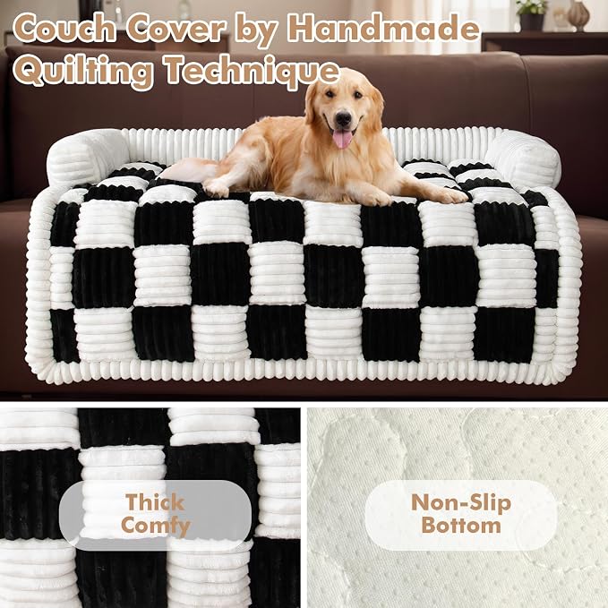 TOPCHANCES Dog Couch Cover, Thickened Quilted Plaid Fuzzy Pet Couch Covers, Washable Non Slip Pet Mat for Large Dogs (Black, 36x36 inch) - Image 2