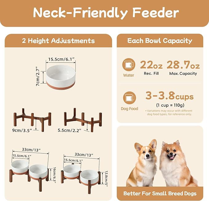 Havniva Elevated Dog Bowls, Ceramic Raised Dog Bowl with Stand | 6.1” Dog Food Bowls Elevated, Dog Food and Water Bowl Set, Non-Slip Acacia Wood Stand, Small Dogs Bowl, 3.4 Cups 27 oz - Image 2