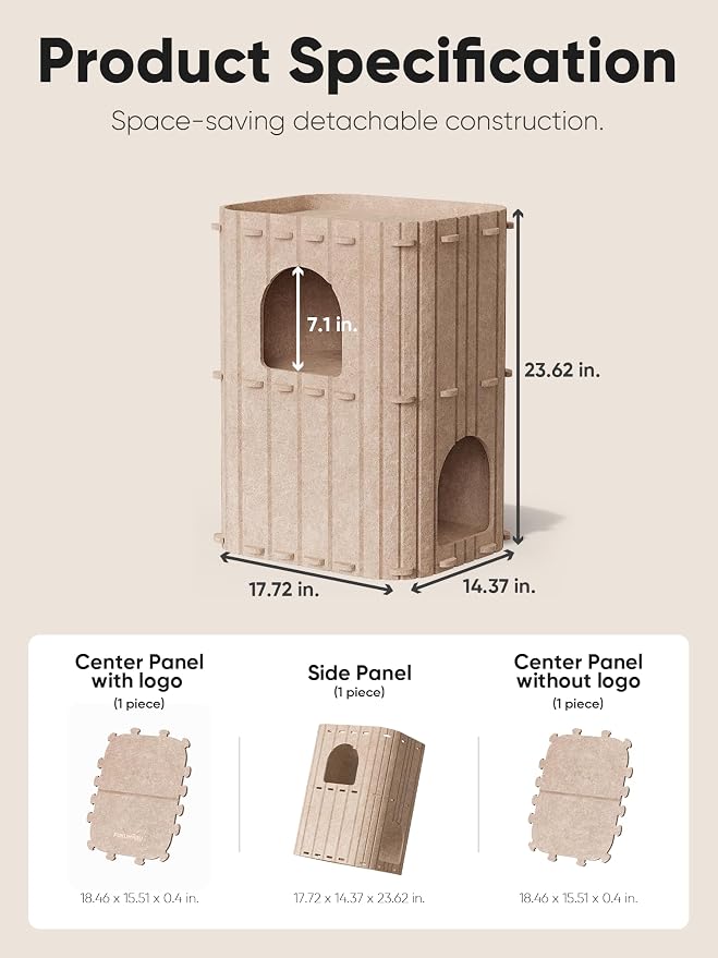 FUKUMARU Cat House for Indoor Cats, Warm Felt Cat Bed, Scratch Resistant | Large Cat Bed Cave, 3-in-1 Cat Condo, Cozy Felt Covered Cats Tunnel, 23.62 Inch Kitten Hideaway for Multicats, Beige - Image 8