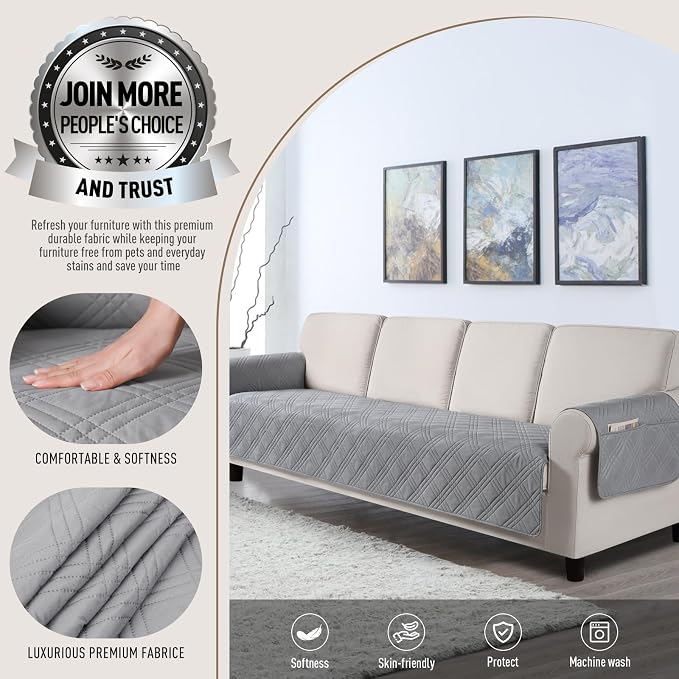 TAOCOCO Waterproof Oversized Couch Covers for Pets Dogs with Non Slip Backing, Sofa Seat Covers with Pocket for 4 Cushion Couch Washable Dog Couch Protector Sofa Slipcovers(Oversized Sofa, Light Gray) - Image 2