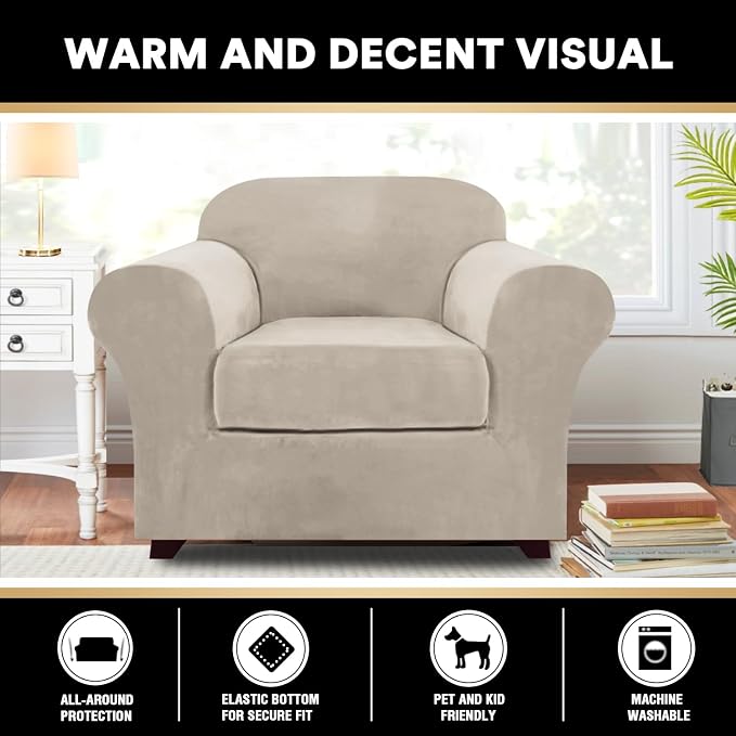 PrinceDeco Velvet Plush Couch Cover Stretch 2 Piece Chair Cover Chair Slipcover Washable Furniture Protector Couch Soft with Elastic Bottom Armchair Cover Width Up to 49 Inch(Small, French Oak) - Image 6