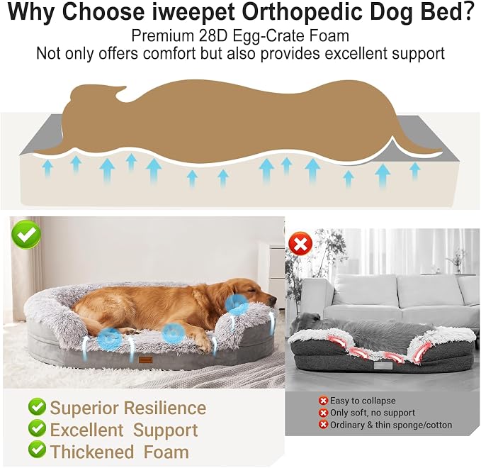 iweepet Fluffy Calming Orthopedic Dog Beds for Medium & Large Dogs, Supportive Dog Sofa Bed with 3.7 inch 28D Egg-Crate Foam, Removable Washable Plush Cover, Waterproof Lining, 41'',Grey - Image 3