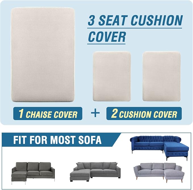 H.VERSAILTEX Sectional Couch Covers 3 Pieces Sofa Seat Cushion Covers L Shape Separate Cushion Couch Chaise Cover for Both Left/Right Sectional Couch (Seat Only: 1 Chaise + 2 Sofa, Ivory) - Image 8