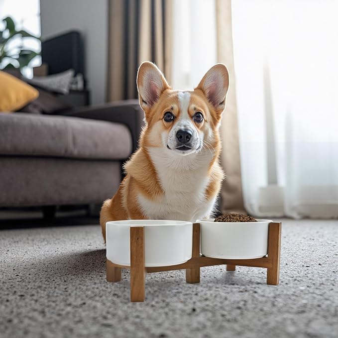 SPUNKYJUNKY Acacia Wood Stand Dog Bowl Set Raised, Ceramic Dog Food & Water Bowl for Medium Dogs (28.74 OZ, White) - Image 7