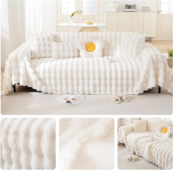 White Faux Rabbit Fur Couch Sofa Cover for 2-3 Seater Couches, XLarge | 1 Piece Fluffy Couch Cover Washable Non-Slip Sofa Slipcover for Dogs Cats Soft Warm Furniture Protector for Home, 71''x134'' - Image 2