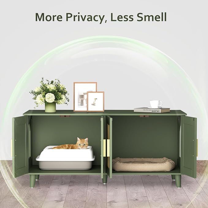 Homhedy Boho Cat Litter Box Enclosure for 2 Cats, Green and Natural | Hidden Litter Box Furniture with Double Rattan Decorated Doors, Cat Washroom, Cat House, Dog-Proof, TV Stand - Image 4