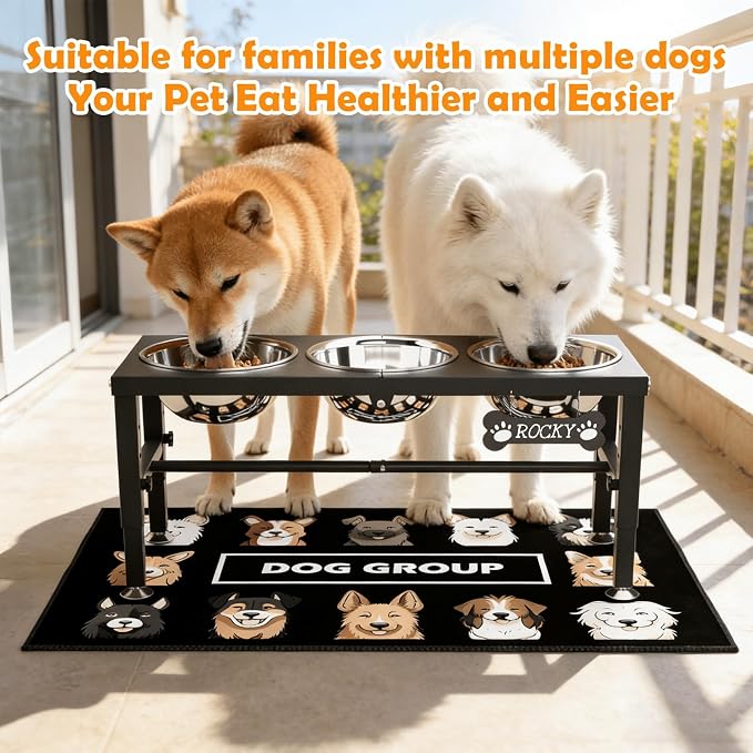 3-in-1 Slow Feeder Dog Bowl Stand, Elevated Raised Feeder with 1 Slow Feed & 3 Stainless Steel Bowls, Iron Stand, Custom Name Plate & Mat - Easy Clean for Fast Eaters, Multiple Dogs - Image 7