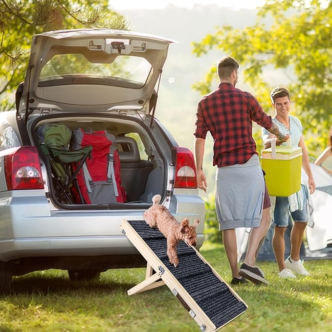 Wooden Folding Portable Pet Ramp. 4 Levels Adjustable 9" to 17.3" with Non-Slip 5 Paw Traction Mat for Small Medium Doggie. Dog Ramps-GY