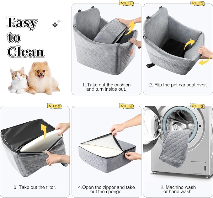 Dog Car Seat for Small/Medium Dogs up to 35 lbs, Memory Foam Pet Booster Seat with Detachable Washable Cover, Portable Pet Bed for Cars with Safety Belts and Storage Pockets(Grey, Medium) - Image 5