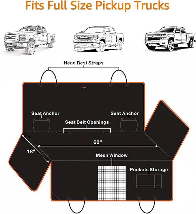 Dog Seat Cover for Pickup Trucks, 900D Heavy Duty Truck Back Seat Cover for Dogs, Waterproof & Non-Slip Pet Car Seat Cover, Fits Ford F150 F250 Ram 1500 GMC Sierra Chevy Silverado Crew Cab - Image 3