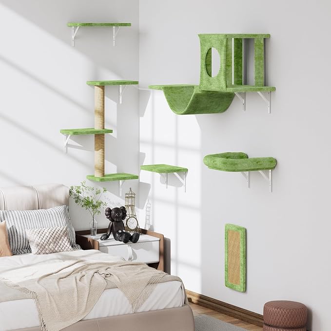 12-in-1 Cat Wall Shelves, Luxury Wall-Mounted Cat Climber Set | with Condos House, Scratching Post, Bridge Ladder, Indoor Space-Saving Furniture for Kittens, Green - Image 7