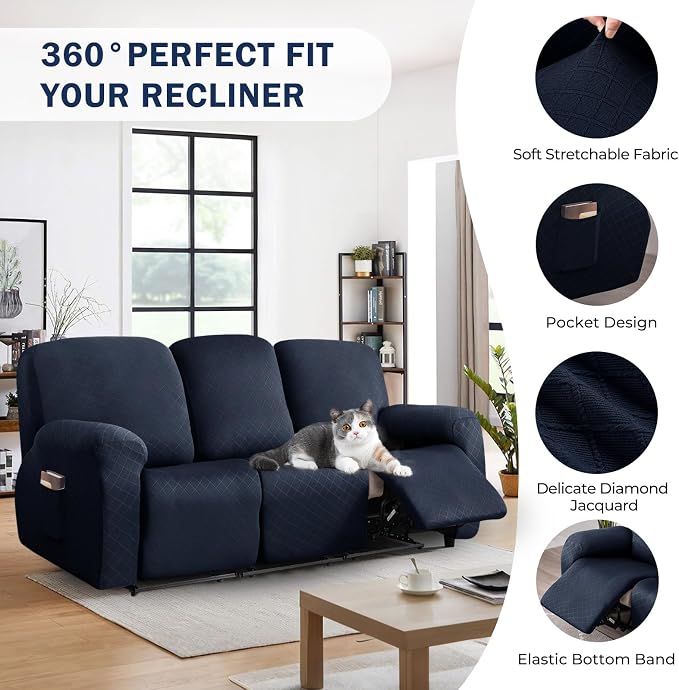 vctops Diamond Recliner Sofa Covers 8-Pieces Stretch Large Couch Covers for 3 Seats Reclining Slipcovers Soft Solid Furniture Protector (Navy,3 Seat) - Image 4
