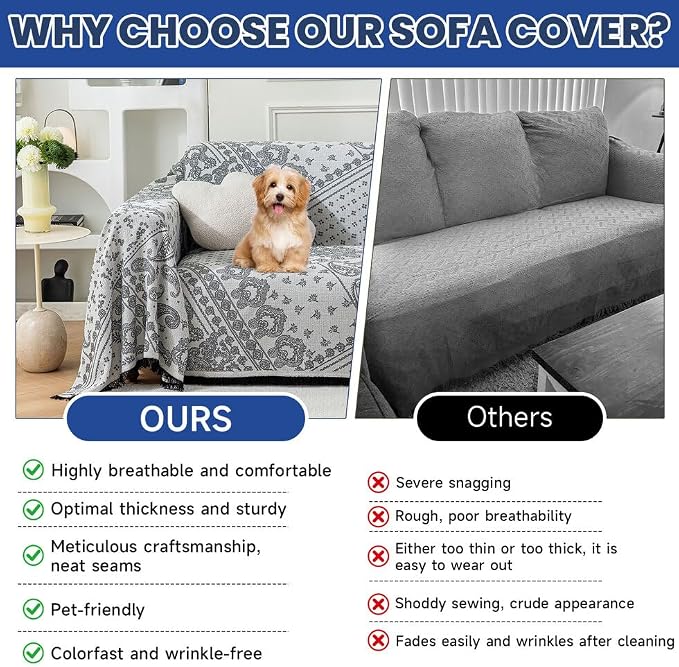 ROOMLIFE Black Couch Covers for Sofa, Sofa Covers Washable Non Slip Furniture Protector Couch Sofa Covers for 3 Cushion Couch, Breathable Sofa Slipcovers Couch Cover Blanket with Tassels 71" X 150" - Image 3