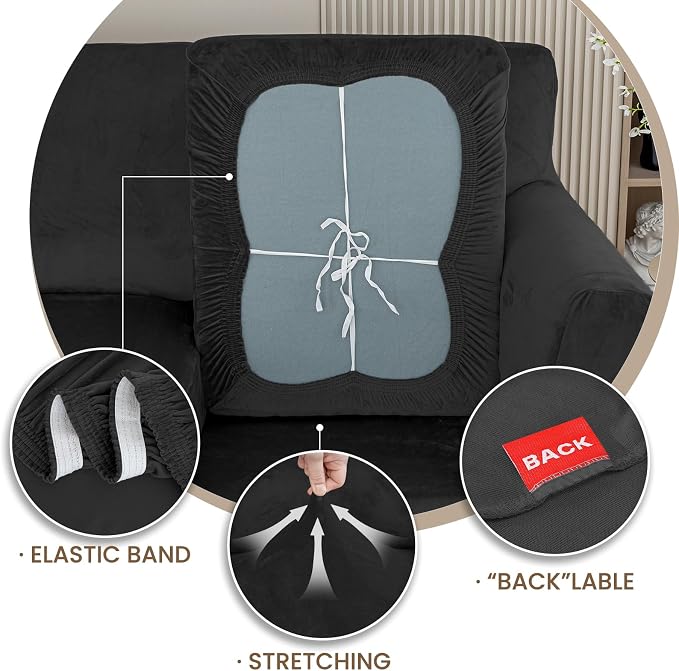 XINEAGE 4-Piece Velvet Sofa Cover,Couch Covers for Dog,Black | 3 Cushion Sofa,Stretch Non-slip Elastic, Pet-friendly, Washable, Fast Setup, Soft Plush Fabric, Furniture Protector. - Image 7