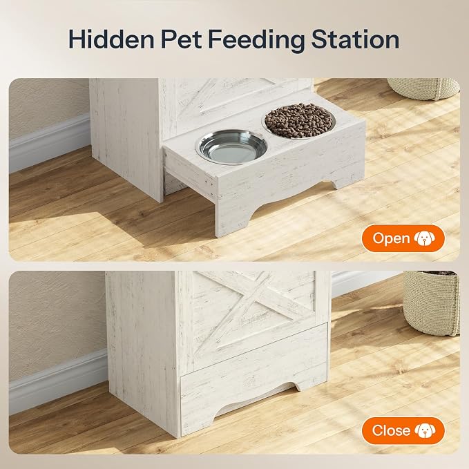 HOOBRO Dog Feeding Station with Sliding Drawer and 2 Hidden Bowls, Pet Feeding Station with Flip-Up Door, Dog Food Storage Cabinet with 2 Hooks for Living Room and Bedroom, Cloud White WT03PO03 - Image 7