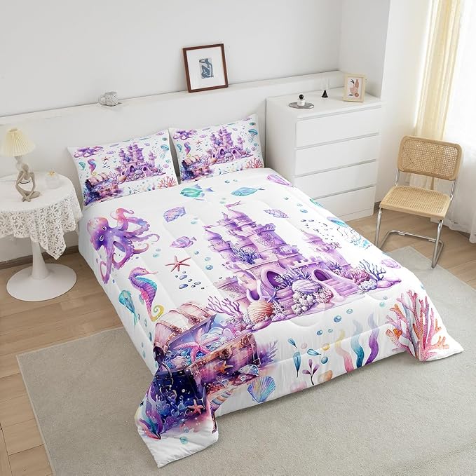 Manfei Dreamy Castle Twin Size Comforter Set,Kawaii Fairy Tale Purple Quilt Set Soft Bed Collection,Watercolor Coral Sealife Bedding Comforter for Boys Girls Room Decor,2 Pcs - Image 4