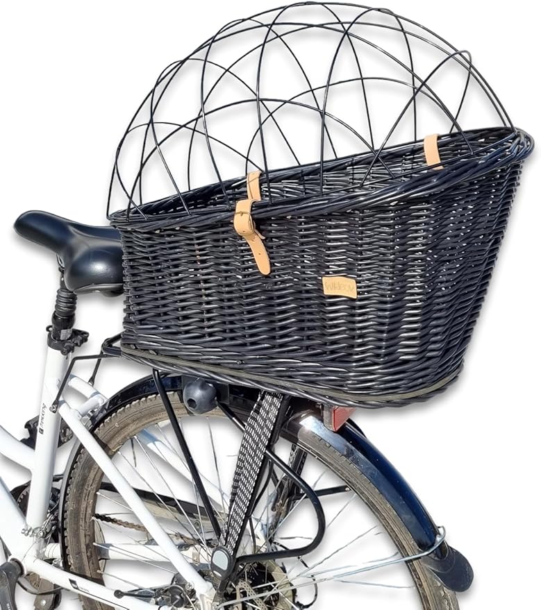 Natural Wicker Dog Bike Basket - 100% Organic Rattan Pet Carrier with Protective Grille - Eco Friendly Design - Soft Cotton Cushion & Mounting Bracket for Secure Bicycle Rear Luggage Rack