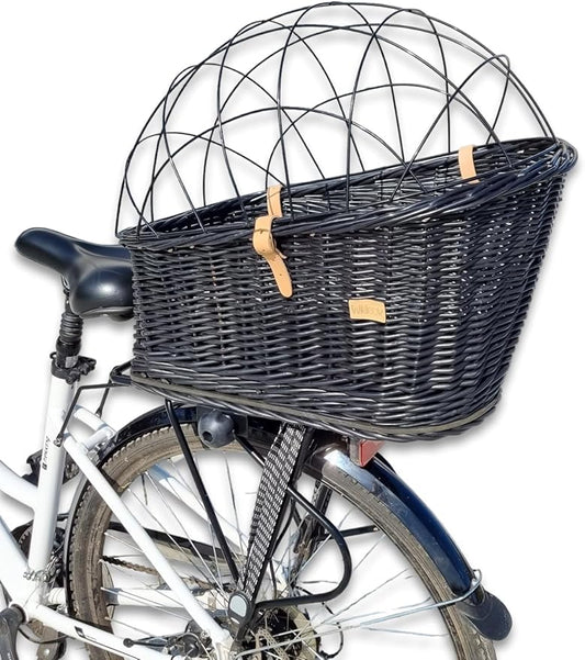 Natural Wicker Dog Bike Basket - 100% Organic Rattan Pet Carrier with Protective Grille - Eco Friendly Design - Soft Cotton Cushion & Mounting Bracket for Secure Bicycle Rear Luggage Rack