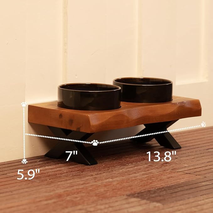 CHEERHOME PETS Raised Cat Ceramic Bowls for Small and Medium Dog, Solid Wooden Dog Food Bowl with Stand, Food Feeding Dishes Water Bowl for Cats and Puppy(Grilled Pine Wood) - Image 5