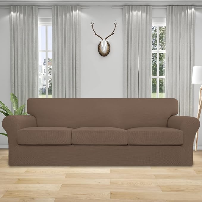 Easy-Going 4 Pieces Stretch Couch Cover Oversized Sofa Cover for Dogs Washable Sofa Slipcover for 3 Separate Cushion Couch Spandex Elastic Furniture Protector for Pets, Kids (Brown, Oversized Sofa) - Image 2