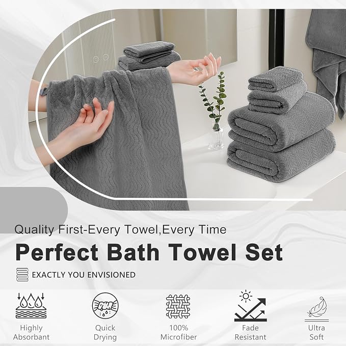 8 Piece Bath Towel Set Grey |2 Oversized Large Bath Sheet,2 Hand Towels,4 Washcloths| Ultra Soft Cozy Bath Towel Set for Bathroom Hotel Gym Spa,Highly Absorbent & Quick Dry Bathroom Towel Collections - Image 6
