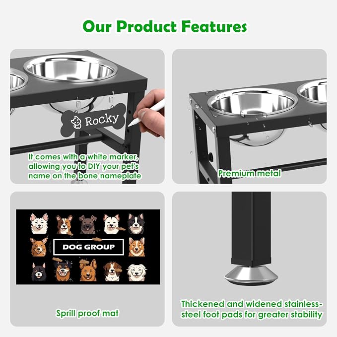 SHAINFUN Elevated Dog Bowl Stand for Large Dogs& Extra Large Dogs with 3 Bowls 101oz– 4 Adjustable Height Raised Pet Feeder with Anti-Spill Mat, Stainless Steel Food & Water Station - Image 5