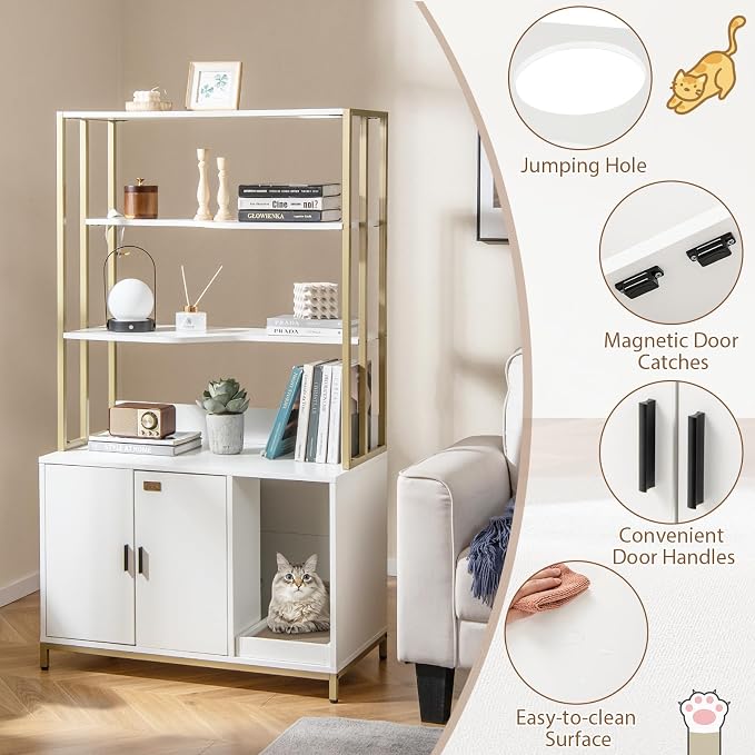 PETSITE Cat Litter Box Furniture with 3 Shelves and Doors, 61 inch Tall Cat Box Enclosure with Display Shelves, Scratching Pad, Indoor Hidden Litter Box with Decorative Storage Shelving (White) - Image 6
