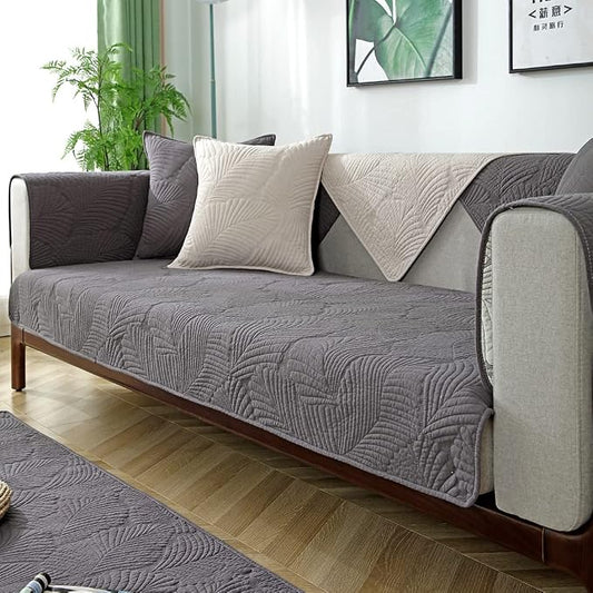 Solid Color Leaf Cotton Quilted Sofa Covers Anti-Slip Soft Sectional Couch Cover Washable Sofa Slipcover for Dogs Cats Pet (Dark Grey,36''x82'') by Huierxun