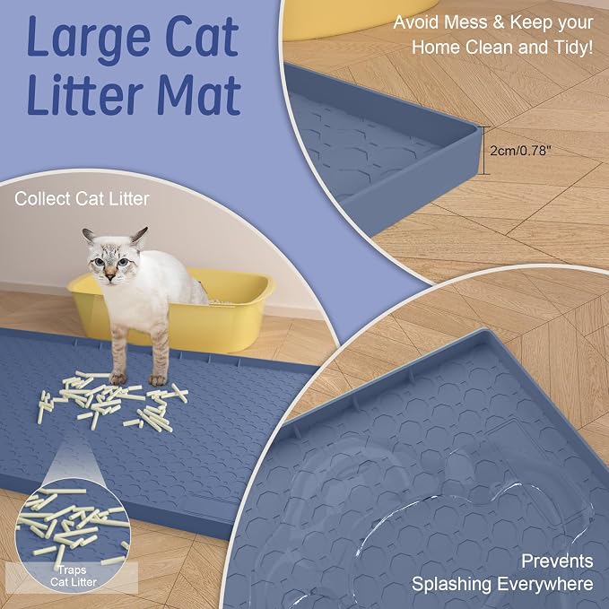 Silicone Large Cat Litter Mat 34" X 22", Cat Mat for Litter Box, Cats Litter Trapping Mat, Non-Slip and Waterproof, Raised Edges, Blue - Image 3