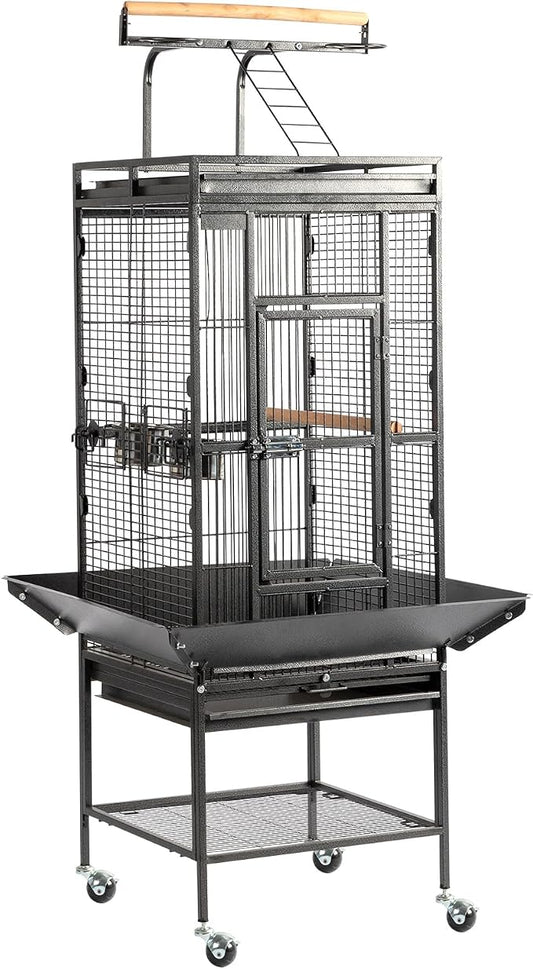VINGLI Bird Cage with Wheels, 62 inch Bird Cages with Play Top, Wrought Iron Cage with Rolling Stand for Parrots, Cockatiels, Budgies, Lovebirds, Small/Medium Birds (Black) by VINGLI