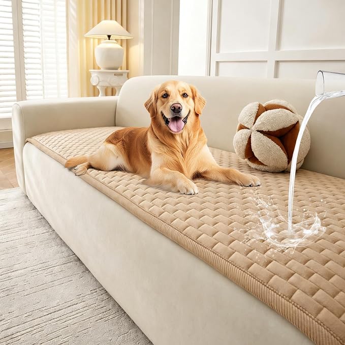 Warmstar Waterproof Couch Cover for Dogs Washable,Brick Pattern Short Plush Pet Couch Covers for Sofa,Soft Sofa Cover Non-Slip for 3 Cushion Couch Sofa Pet Friendly (Khaki, 27.6" x 82.7") by Warmstar