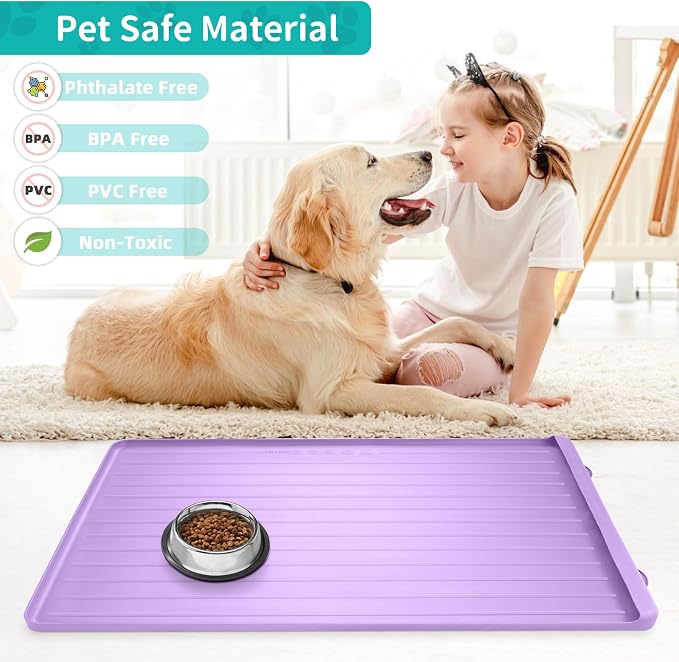 Cat Mat for Food and Water - 39.4" x 27" Thickened Large Dog Food Mat | Waterproof Pet Bowl Mat with Residue Collection Pocket and High Edges to Prevent Water and Food Spills - Purple - Image 5