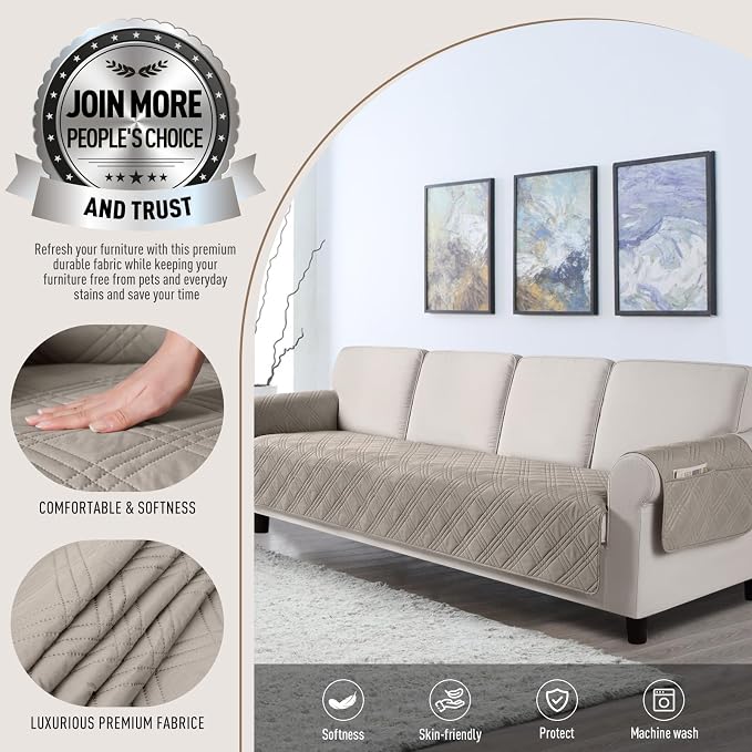 TAOCOCO Waterproof Oversized Sofa Covers for Pets Without Back Cover, Couch Seat Covers with Pocket for 4 Cushion Sofa Washable Dog Couch Protector Sofa Slipcovers(Oversized Sofa, Light Brown) - Image 3