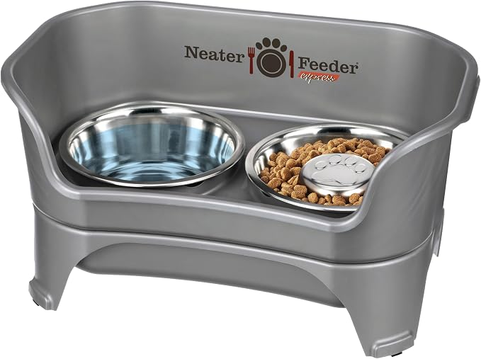 Neater Feeder - Express Model w/ Slow Feed Bowl - Mess-Proof Dog Bowls (M/L, Grey) Made in USA – Elevated, No Spill, Non-Tip, Non-Slip, Raised Stainless Steel Food/Water Pet Bowls Aid Digestion by NeaterPets