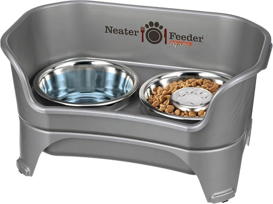 Neater Feeder - Express Model w/ Slow Feed Bowl - Mess-Proof Dog Bowls (M/L, Grey) Made in USA – Elevated, No Spill, Non-Tip, Non-Slip, Raised Stainless Steel Food/Water Pet Bowls Aid Digestion by NeaterPets