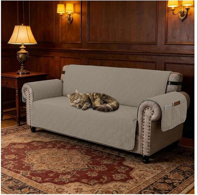 100% Waterproof Couch Cover,Straps&Pockets,pet Friendly,78" Camel | Washable sofa cover, pet-friendly, scratch-resistant furniture protector, quilted sofa cover, reversible, non-slip backing. - Image 7