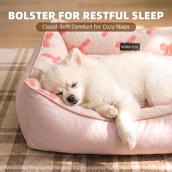 Mora Pets Reversible Dog Bed for Medium Size Dogs Washable - Cool & Warm 2-in-1 Anti Anxiety Calming Pet Bed for Summer, Rectangle Puppy Bed with Non Slip Bottom Cute Pink Bow (30''x24''x8'') - Image 2