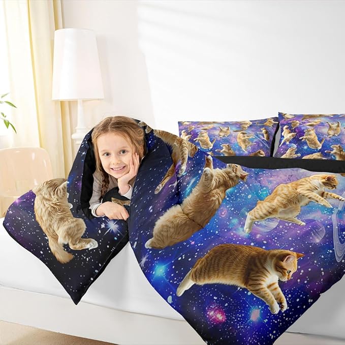 Feelyou Cats Comforter Set Galaxy Cute Cat Bedding Set for Kids Boys Girls University Planets Pet Cat Theme Design Comforter Fun Lovely Animals Quilt Set Bedroom Collection 2Pcs Twin Size - Image 7