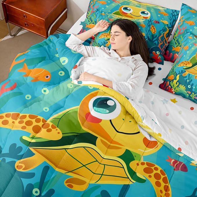 Erosebridal Sea Turtle King Size Comforter Set with Sheets, Ocean Life Bed in A Bag for Kids Teens Youth Adults Bedroom, Underwater World Sea Animal 7 Pcs Bedding Set, Colourful Coral Bed Sets - Image 7