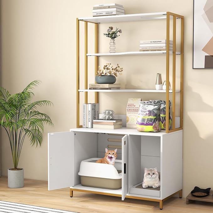 PETSITE Cat Litter Box Furniture with 3 Shelves and Doors, 61 inch Tall Cat Box Enclosure with Display Shelves, Scratching Pad, Indoor Hidden Litter Box with Decorative Storage Shelving (White) - Image 3