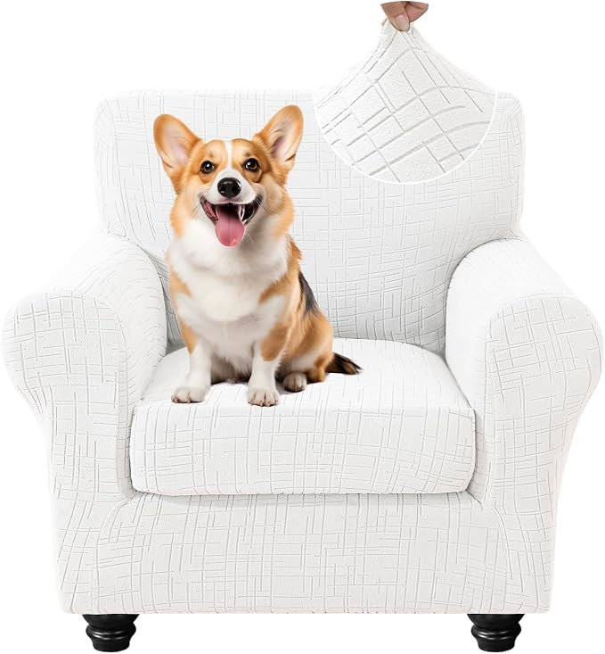 CYCMCAO Stretch 2 Piece Armchair Covers, Non Slip Chair Covers Armchair, Sofa Covers for Pets Washable with Elastic Bottom, Couch Slipcover for Kids, Dogs (Off-White), 31"-46" (1 Cushion) by CYCMACOHOME