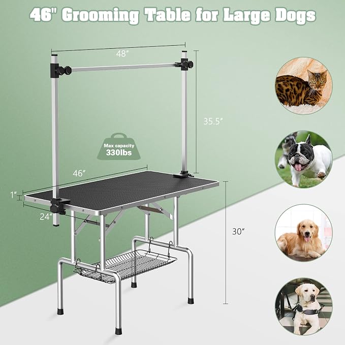 Lyromix 46'' Stainless Steel Pet Dog Grooming Table, Arm/Noose/Tray, Black | Foldable Dog Grooming Table for Dogs at Home, Adjustable Height Arm, Non-Slip Waterproof Tabletop, Capacity 330Lb - Image 2