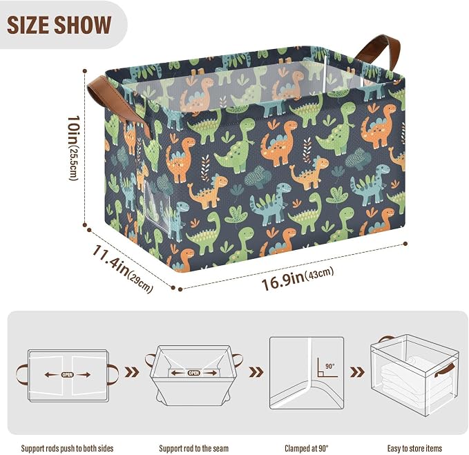 Sage Green Dinosaur Orange Black Baby Storage Basket with Labels&Handles Rectangular Waterproof Nursery Storage Bins Collapsible Shelf Organizer Baskets for Kids Books Cloth Gift Toys Laundry - Image 7