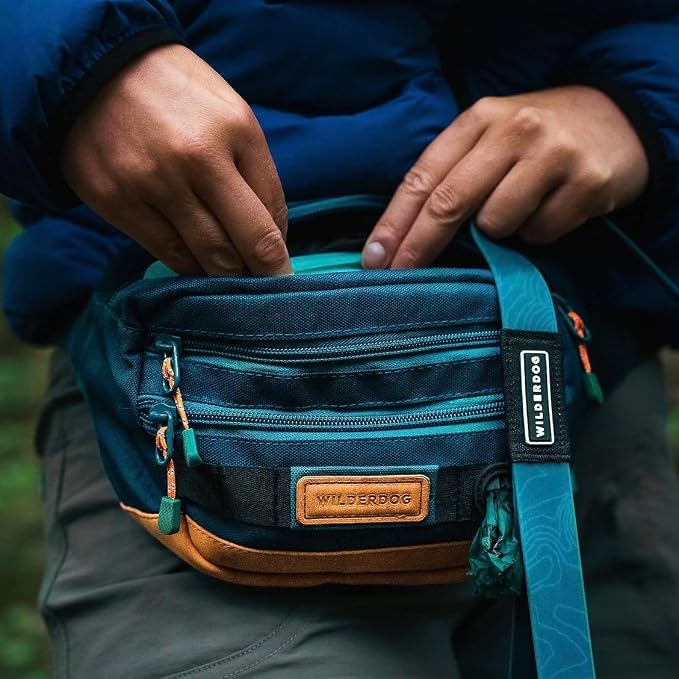 Wilderdog Utility Fanny Pack stores Treats, Balls, Keys in 3 Pockets with adjustable strap and Poop Bag dispenser (Pacific Blue) - Image 3