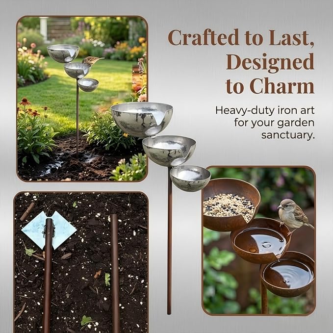 Multi-Tier Rain Catcher Garden Stake & Bird Bath for Outdoors, Rusty Metal Garden Decor Bee Watering Station, Flower Garden Stakes Bird Bath for Lawn Yard Landscaping. (Metallic Primary Colors) - Image 3