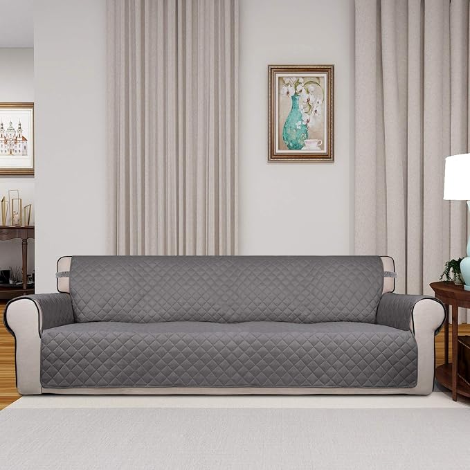 PureFit Reversible Quilted Couch Covers for Dogs Sofa Cover 4 Seater 88" | Gray/Light Gray, Water Resistant Couch Protector, Washable Pet Couch Cover with Non Slip and Elastic Straps For Kids - Image 2