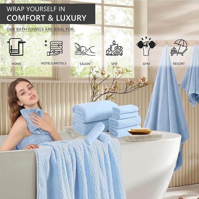 8 Piece Bath Towel Set Blue|2 Oversized Large Bath Sheet,2 Hand Towels,4 Washcloths| Ultra Soft Cozy Bath Towel Set for Bathroom Hotel Gym Spa,Highly Absorbent & Quick Dry Bathroom Towel Collections - Image 2