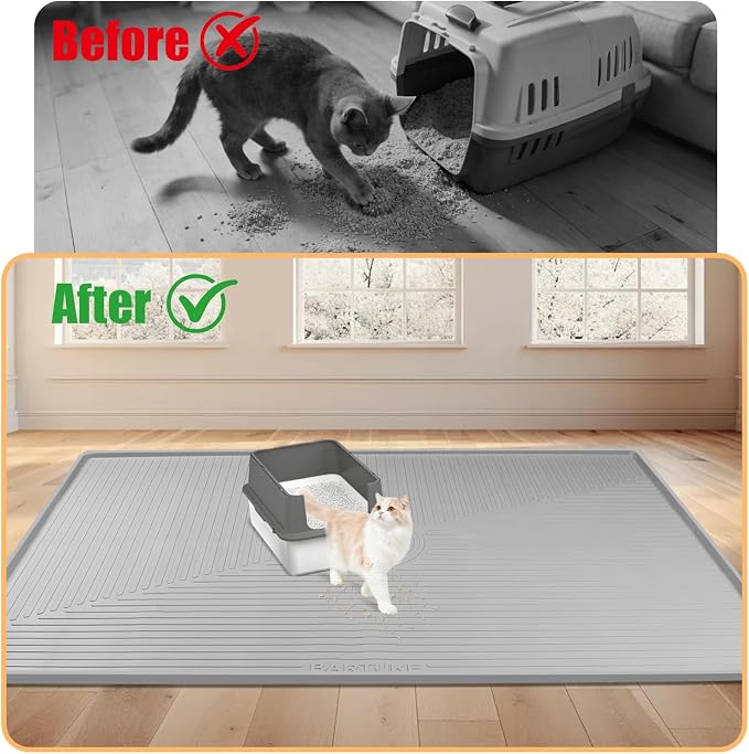 Silicone Cat Litter Mat 50" x 36" Cat Mat for Litter Box, Light Grey | Extra Large Cat Litter Trapping Mat for Floor, Waterproof, Non-Slip Kitty Litter Box Mat with Raised Edge, Easy to Clean - Image 5